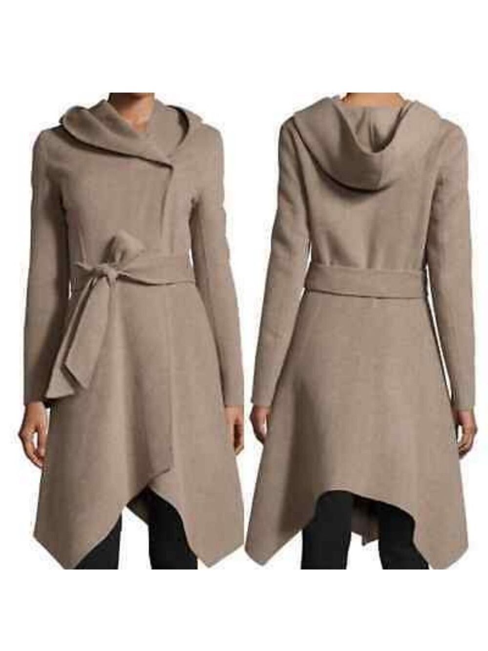 Zac Posen taupe brown wool blend hooded asymmetrical handkerchief belted coat 6